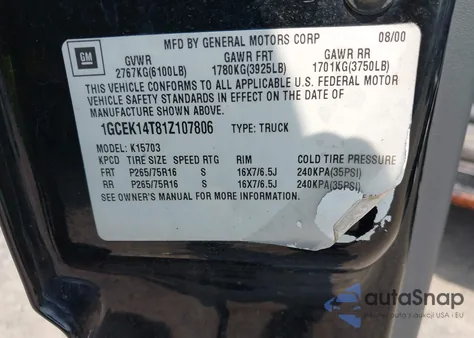 2001 Chevrolet Silverado 1500 Ls из США, поврежденный, VIN 1GCEK14T81Z107806